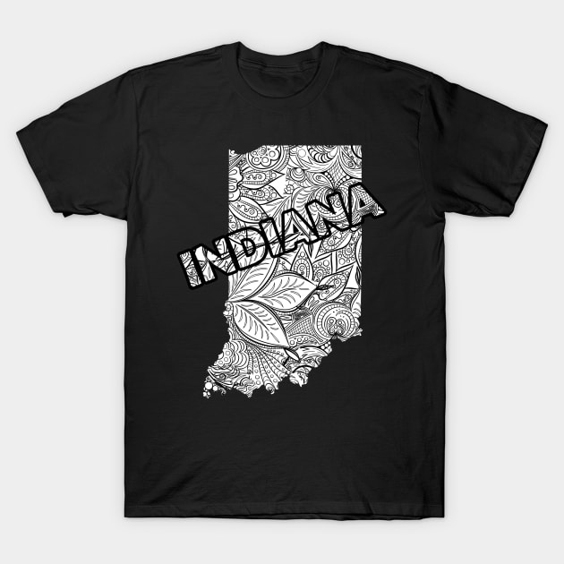 Mandala art map of Indiana with text in white T-Shirt by Happy Citizen